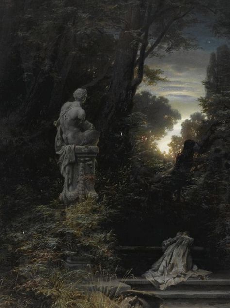 1866 A Woman at a Fountain With Rising Moon by Ferdinand Knab Rising Moon, Dark Paintings, Rennaissance Art, Dark City, Dark Romantic, Night Landscape, Fantasy Paintings, Garden Painting, The Fountain