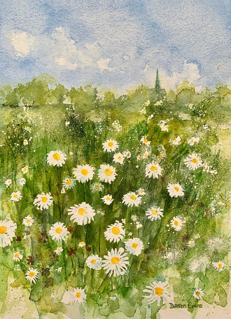 Seventeen Painting Ideas On Canvas, Daisy Field Painting, Daisy Artwork, Daisies Watercolor, Cottagecore Painting, Daisy Watercolor, Green Cottagecore, Pinterest Challenge, Daisy Art