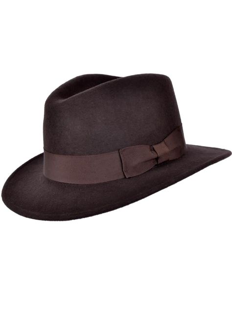 "No 1940s or 50s ensemble is complete without a dashing vintage style fedora. This retro brown hat features a wide brim and a deep grosgrain hatband, which is adorned with a ribbon tail to one side. The hat has a deep crown, which provides ample space for your head while also adding to the vintage look and feel of the hat. 100% wool, handmade. Measurements: Small: 55cm circumference Medium: 57cm circumference Large: 59cm circumference X Large: 61cm circumference Brim Width: approx 2.25\" / 7 cm Crown Height: approx 4\" / 10.5cm Sizing note: Please check your head size against these measurements for an accurate fit, although please note like with any manufactured item there may be a very slight variation in size. Your head should measure the same as the hat circumference we state, as there Mens Fedora Hat, 1940s Looks, Brown Fedora, Vampire Clothes, Mens Fedora, Brown Hat, Brown Hats, Wool Fedora, Bow Flats