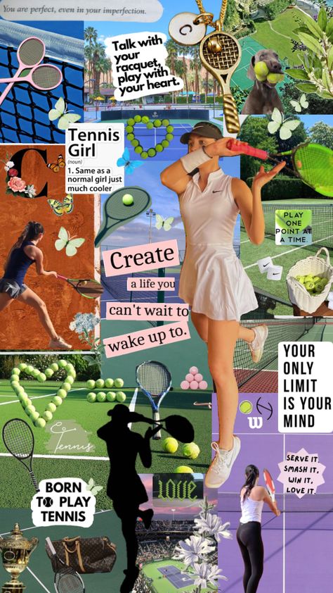 Me and my tennis life 🎾💕 #tennis #tennisgirl #myfirstshuffle #tennisaesthetic #tennisinspo Tennis Collage Wallpaper, Tennis Asethic, Tennis Vision Board, Tennis Posters High School, Aesthetic Tennis Pictures, Playing Tennis Aesthetic, Tennis Wallpaper Aesthetic, Tennis Aesthetic Wallpaper, Deportes Aesthetic