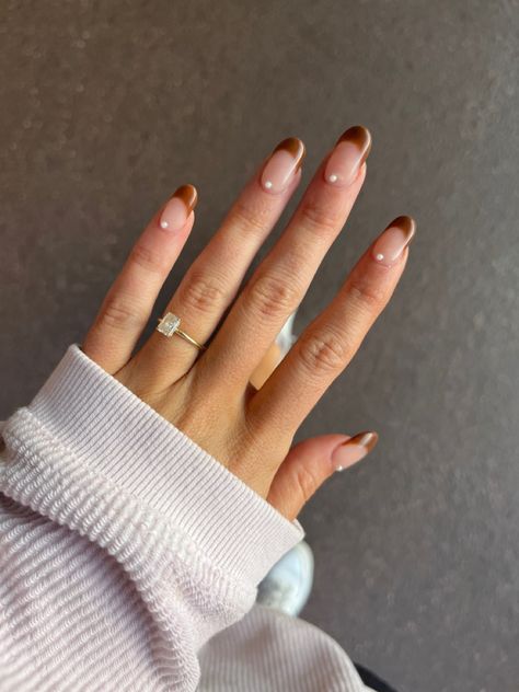 Brown French Nails With Rhinestones, Brown Nails With Pearls, Brown French Tip With Chrome, Bronze French Tip Nails, Brown Pearl Nails, Brown French Tips, Brown French Tip Nails, Neon Coral Nails, French Nail Ideas