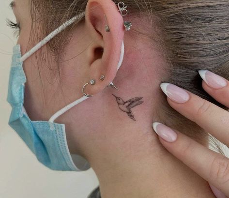 Hummingbird Tattoo Behind Ear, Small Hummingbird Tattoo, Hummingbird Tattoos, Small Bird Tattoos, Tiny Bird Tattoos, Behind Ear Tattoos, Tattoo Behind Ear, Lemonade Braids, Single Needle Tattoo