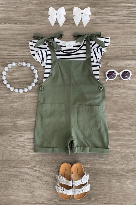 Olive Green Stripe Romper Set - Sparkle in Pink Mom And Daughter Shopping Shirts, Toddler Clothes Girl, Playground Photoshoot, Spandex Romper, Kids Closets, Glittery Sandals, Olive Romper, Toddler Summer Outfits, Olive Green Romper