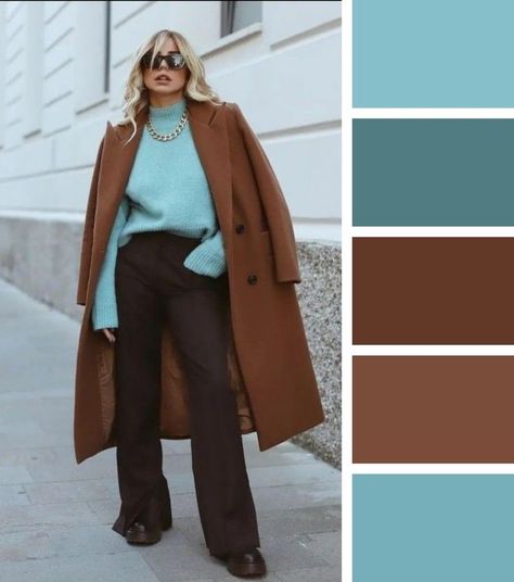 Best Color Combinations Outfits Womens Fashion, Best Colour Combinations Clothes, Colors To Wear With Brown, Brown Color Combinations Outfits, Color Outfit Combinations, Colour Combinations Clothes, Outfit Color Palette, Blue And Brown Outfit, Brown Sweater Outfit