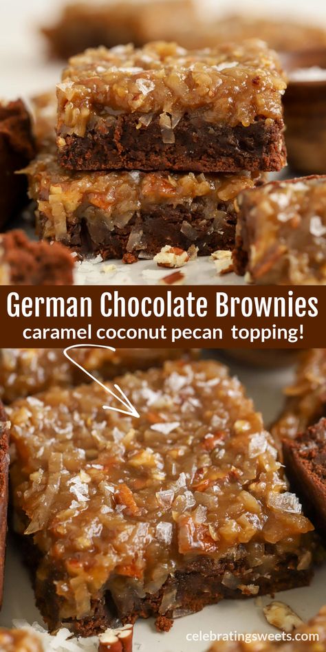 Overhead view of German chocolate brownies cut into bars with a caramel coconut pecan topping. Brownie Decorating Ideas Thanksgiving, German Chocolate Cake Brownies, German Chocolate Bars Easy, Snack Ideas For Get Togethers, German Chocolate Topping, Variety Of Brownies, Flavored Brownie Recipes, Easy Meals For Large Crowds, Office Baking Ideas