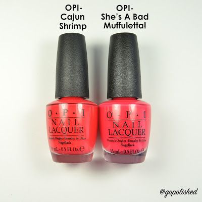 Bright red/orange nail polish comparisons. OPI Cajun Shrimp and OPI She's A Bad Muffuletta!. @gopolished Shes A Bad Muffuletta Opi Gel, Opi She's A Bad Muffuletta, She’s A Bad Muffuletta Opi, Opi Orange Red Nail Polish, Cajun Shrimp Nail Polish, Opi Cajun Shrimp Gel, Cajun Shrimp Nails Design, Opi Orange Nail Polish, Cajun Shrimp Nails