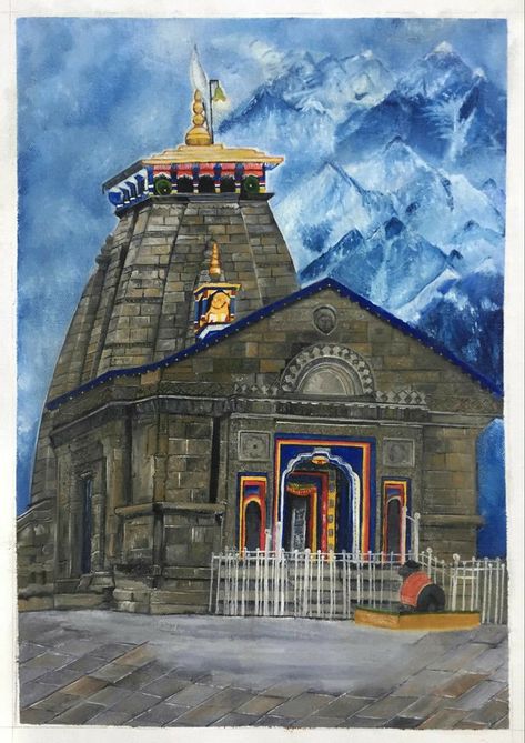 Kedarnath Temple Painting On Canvas, Hindu Temple Painting, Kedarnath Temple Painting, Kedarnath Temple Drawing, Kedarnath Painting, God Painting Canvas, Kedarnath Drawing, Nandi Painting, Beautiful Places Quotes