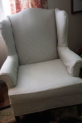 Ticking stripe slipcover for wingback chair...would love this on my wing chair for the summer Pillow Slip Covers, Leather Dining Room Chairs, Reupholster Furniture, Wing Chair, Ticking Stripe, Diy Pillows, Redo Furniture, Slipcovers For Chairs, Wingback Chair