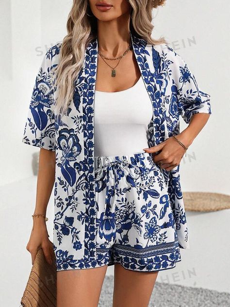 SHEIN LUNE Women's Summer Two-Piece Set With Blue & White Printed Kimono Jacket Style Shirt And Shorts, Beach Vacation Outfit | SHEIN USA Printed Kimono Jacket, Kimono Style Jacket, Beach Vacation Outfits, Hem Skirt, Kimono Jacket, Beach Wears, Vacation Outfits, Asymmetric Hem, Beach Outfit