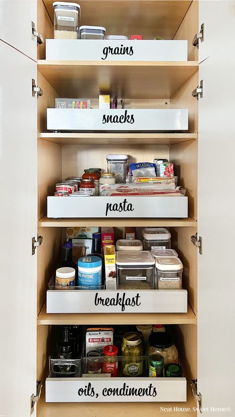 Frustrated searching for food lost in the back of the pantry? Follow these tips to organize deep pantry shelves with pullout drawers. Deep Kitchen Pantry Organization, Organize Deep Pantry Cabinet Slim, Pantry Small Organization, Pantry Organization Zones, Narrow Pantry Organization Ideas, Slim Pantry Ideas, Pantry Deep Shelves Organization, Pull Out Drawer Pantry Organization, Organizing A Deep Pantry