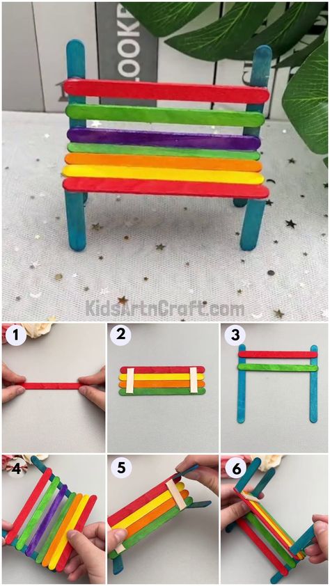 Easy Popsicle Stick Bench Craft Tutorial For Kids Check more at https://www.kidsartncraft.com/popsicle-stick-bench-craft-tutorial/ Popsicle Stick Space Crafts, Bench Popsicle Sticks, Arts And Craft Popsicle Sticks, Bench Made From Popsicle Sticks, Art With Popsicle Sticks, Popsicle Stick Crafts For Kids Preschool, Paddle Pop Stick Craft, Lolly Stick Craft, Craft Stick Projects