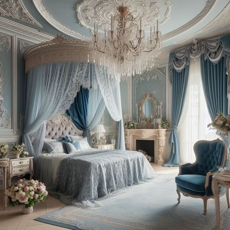 Royal Bedroom Decor, Light Blue Airy Bedroom, Big Royal Bedroom, Cinderella Inspired Bedroom, Blue Castle Bedroom, Light Blue Victorian Bedroom, Blue Princess Room Aesthetic, Blue Royal Bedroom, Cinderella Home Decor