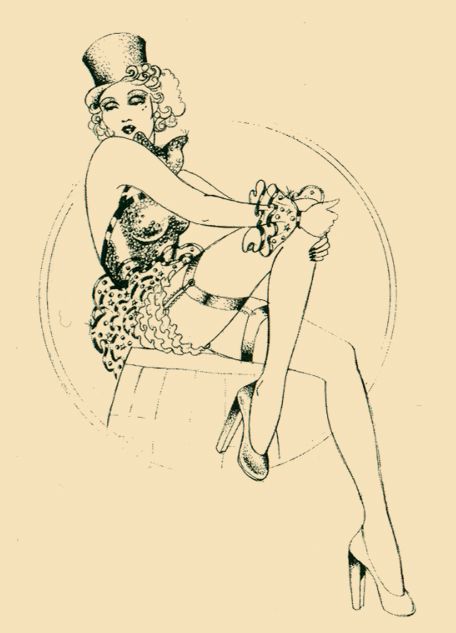 Biba Burlesque Tattoo Design, Cabaret Tattoo, Cabaret Drawing, Burlesque Tattoo, Cabaret Vintage, 1890s Cabaret, Louise Ebel, Barbara Hulanicki, Left Arm Tattoos