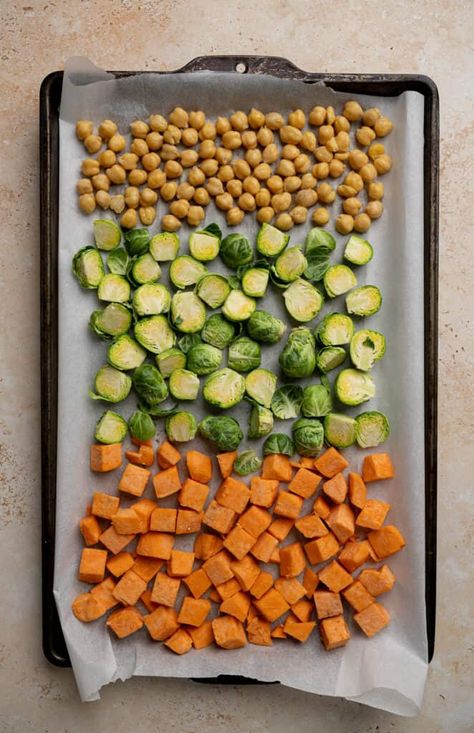 Vegan Sweet Potato Chickpea Buddha Bowl with Thai Peanut Sauce Roasted Vegetable Bowl, Sweet Potato Quinoa Bowl, Veg Tray, Sweet Potato Chickpeas, Chickpea Buddha Bowl, Brussels Spouts, Best Roasted Vegetables, Sweet Potato Quinoa, Apple Cider Vinegar Lemon