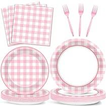 Plaid Plates, Checkered Party, Gingham Party, Pink And White Checkered, Picnic Plates, Picnic Birthday Party, Plaid Party, Picnic Birthday, Baby Shower Bbq