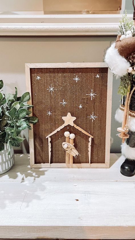 Rachael Clark | DIY Nativity Scene! All materials are from Dollar Tree. I used clothes pins for the stable, wooden sticks for Joseph & Mary, wooden beads... | Instagram Diy Manger, Diy Nativity Scene, Manger Scenes, Diy Nativity, Nativity Scene, Toddler Activities, Dollar Tree, Wooden Beads, Clothes Pins