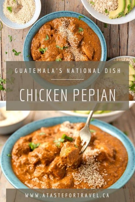 For an authentic taste of Guatemala, try this Pepián de Pollo recipe. Considered the national dish of Guatemala it is made of chicken bathed in a lightly spicy sauce of tomatoes, pumpkin and sesame seeds, chiles and vegetables. It's the perfect comfort food #Guatemala #chicken Chicken Pepian, Spicy Chicken Stew, Guatamalan Recipes, Achiote Chicken, Pollo Recipe, Guatemalan Recipes, Fantastic Recipes, Spiced Chicken, National Dish