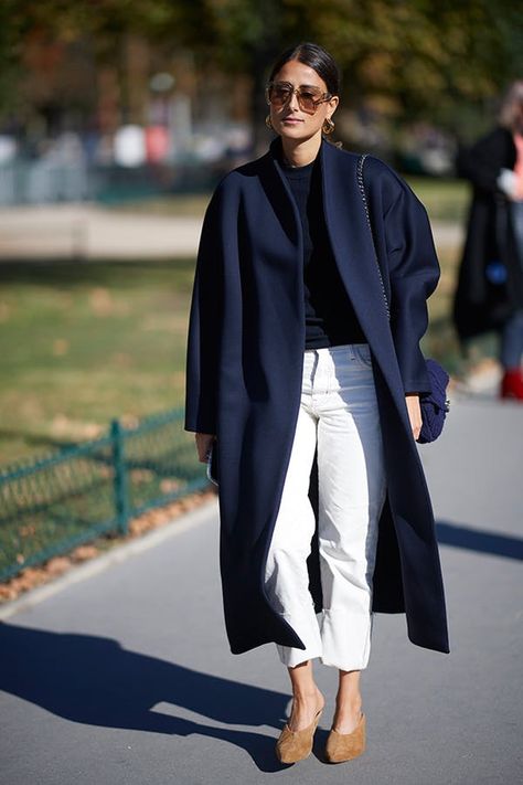 Eight 3-Piece Outfit Formulas to Put on Rotation This Fall #purewow #outfit ideas #style #fall #fashion Navy Coatigan Outfit, Navy Coats Outfit, White Jeans Navy Sweater, Navy Oversized Coat, Navy Color Outfit, Navy Trench Coat Outfit Fall, Blue Navy Coat Outfit, Navy Cashmere Sweater Outfit, Blue Moto Jacket Outfit