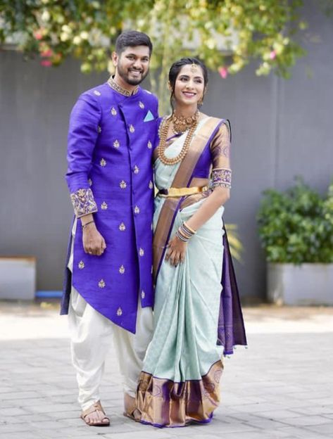 Husband Wife Combo Dress Indian, Engagement Matching Outfits, Couple Traditional Outfits Indian Saree, Matching Couple Outfits For Wedding, Indian Couple Outfits Matching, Engagement Outfits Indian Couple Saree, Marathi Wedding Couple Dress Combination, Matching Traditional Outfits For Couples, Engagement Saree Engagement Saree Indian