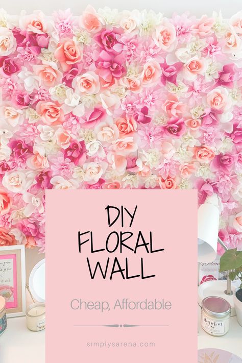 DIY Floral Wall Mural. This Floral Wall is cheap, affordable, and all supplies are from the Dollar Tree! It's perfect decor for a bedroom, kids room, home office, etc. This Floral Wall was super easy to make and only took a couple hours! Home Office Flower Wall, Rose Wall Bedroom Decor, Affordable Photo Backdrop, Flower Feature Wall Bedroom, Diy Backdrop Flowers, How To Do A Flower Wall Backdrop, Flower Wall Girls Bedroom, Roll Up Fabric Flower Wall, Fake Flower Backdrop Diy