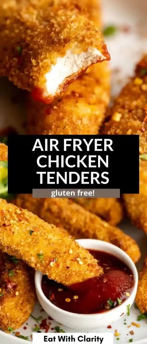 These gluten free air fryer chicken tenders are so easy to make, healthy and have oven baked instructions! These healthy chicken fingers are delicious with ketchup, barbecue or BBQ sauce, honey mustard and more. These air fryer chicken tenders are a healthy and easy dinner recipe. Chicken Fingers Air Fryer, Gluten Free Air Fryer Chicken, Gluten Free Chicken Fingers, Gluten Free Chicken Tenders, Healthy Chicken Fingers, Baked Fish Tacos, Homemade Chicken Tenders, Roasted Beet Hummus, Breaded Chicken Tenders