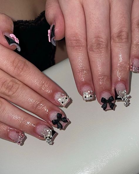 short junk nails 🎀🖤 DM to book 💕 #shortnails #hellokitty #junknails #frenchtipnails #cutenails #sanantonionails #sanantonionailtech Nails Short Charms, Black Junk Nails Short, Short Hello Kitty Nails With Charms, Gyaru Nails Short, Junk Nails Short, Hello Kitty Nails Short, Short Nails With Charms, Short Junk Nails, Junk Nails