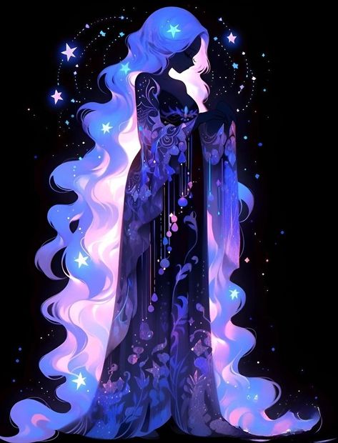 Galaxy Illustration Art, Galaxy Character Design, Galaxy Princess, Celestial Princess, Space Goddess, Galaxy Hair, Digital Art Anime, 판타지 아트, Dreamy Art