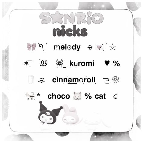 Sanrio Symbols, Sanrio Usernames, Nickname Soft, Soft Nicknames, Nicks Soft, Cute Emoji Combinations, Cool Text Symbols, Cute Bios, Cute Text Symbols