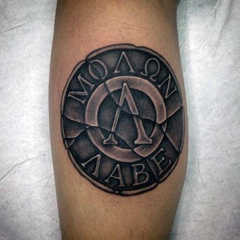 30 Molon Labe Tattoo Designs For Men Marine Tattoos, Spartan Helmet Tattoo, Shield Tattoo, Stone Tattoo, Helmet Tattoo, Patriotic Tattoos, Spartan Tattoo, Upper Arm Tattoos, Geniale Tattoos