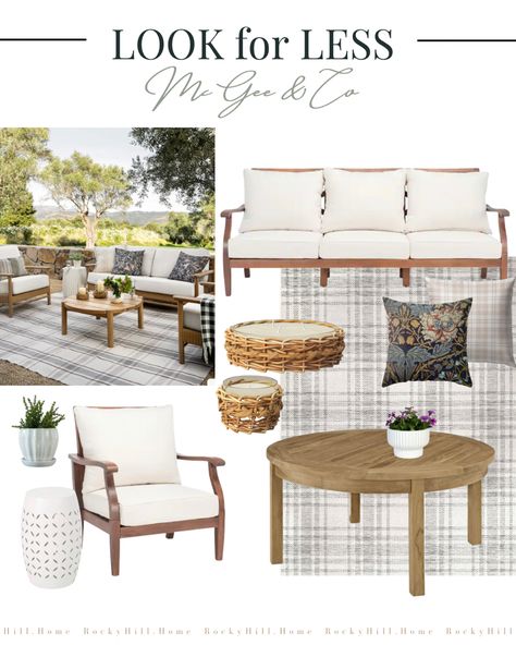 Studio McGee Look for Less, McGee and Co dupes, plaid outdoor rug, William Morris pillow, teak furniture, outdoor sofa, round patio coffee table, rattan accessories, white planters Follow my shop @RockyHill.Home on the @shop.LTK app to shop this post and get my exclusive app-only content! #liketkit #LTKSeasonal #LTKhome #LTKstyletip @shop.ltk https://liketk.it/49JVb Mcgee Outdoor Space, Studio Mcgee Backyard Patio, Mcgee And Co Outdoor Space, Plaid Outdoor Rug, Studio Mcgee Outdoor Space, Screened In Porch Furniture Ideas, Studio Mcgee Patio, Studio Mcgee Backyard, Porch Coffee Table