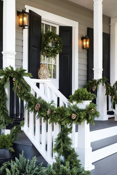 Dress up your porch railings with festive garland arrangements. Learn techniques for draping, securing, and embellishing garlands for maximum impact. Outside Porch Railing Christmas Decor, Christmas Garland Front Porch Railing, Christmas Porch Railing Decor, Garland Wrapped Porch Posts, Diy Christmas Garland Outdoor Porch Ideas, Outdoor Porch Railing Christmas Decor, Outdoor Railing Christmas Decorations, Garland On Porch Railing, Porch Garland Christmas