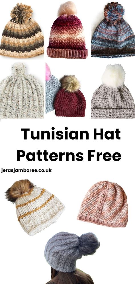 montage of different designs of Tunisian Crochet Hats Tunisian Crochet Hat, Tunisian Crochet Projects, Tunisian Crochet Free, Double Ended Crochet, Crochet Hat Patterns, Tunisian Crochet Pattern, Tunisian Crochet Patterns, Hat Patterns Free, Crochet Hat Free