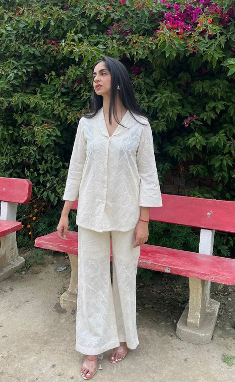 Co-ord sets and western wear Chicken Co Ord Set, Code Set Dress Indian, White Cord Set Outfit, Coord Sets For Women Cotton, New Coord Set Designs, Co Ord Design, Cordset Summer Cotton, White Coord Sets For Women, Cutwork Coord Set