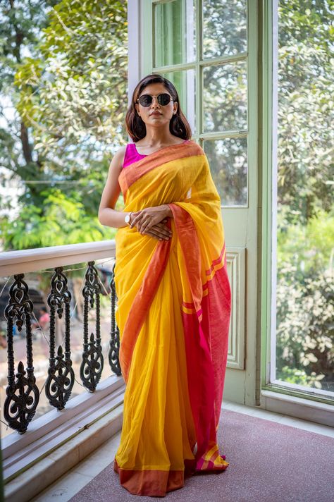 Aren't you eager to fill your cupboard with a glimpse of spring? This beautiful soft cotton saree by Roddur is so worth your hard-earned money! Yellow Cotton Saree, Maharashtrian Saree, Bharatanatyam Costume, Soft Cotton Saree, Haldi Ceremony Outfit, Cotton Sarees Online, Yellow Soft, Yellow Saree, Haldi Ceremony