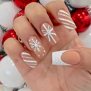 Snowflake Acrylic Nails, Winter Nails Acrylic Coffin, Silver French Tips, Sparkly Christmas Nails, Bow Nail Designs, Christmas Press On Nails, Nails Acrylic Coffin, Nails Matte, Press On Nails Medium