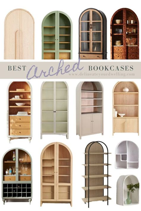 Check out this great collection of the Best Arched Bookshelves for your home.  If you are looking to elevate your room with a trendy storage furniture piece, these are a great option for you.  Delineate Your Dwelling Arched Bookcase With Tv, Round Top Bookshelf, Arched Bookcases Beside Fireplace, Arched Bookshelf Built Ins, Rounded Bookcase, Arch Bookshelf, Arched Bookshelves, Best Restaurants In Albuquerque, Arched Bookshelf