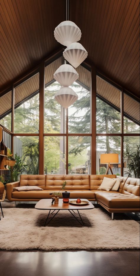 Living room, wooden walls, large windows, leather couch, Charley Harper style, post-minimalist structures, Vancouver School, intricate ceiling designs, midcentury modern, angular constructions, contemporary, candy-coated. Mid Century Vaulted Ceiling, Room With Wooden Walls, Mid Century Modern Fireplace, Cozy Interior Design, Midcentury Home, Charley Harper, Sims Ideas, Leather Couch, Modern Fireplace