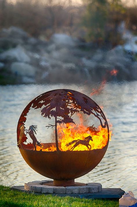 Artistic Sphere Fire Pit Fire Pit Sphere, Fire Pit Gallery, Fire Pit Art, Custom Fire Pit, Large Fire Pit, Wood Fire Pit, Steel Fire Pit, High Mountain, Wood Burning Fire Pit