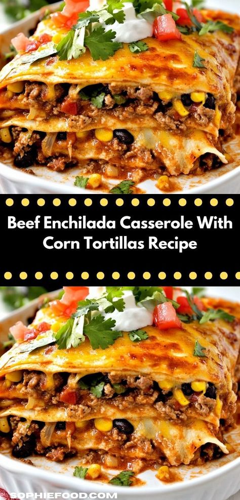 Discover the joy of easy cooking with this Beef Enchilada Casserole. Bursting with bold flavors and simple to prepare, it’s a fantastic option for busy families looking for satisfying dinner ideas. Ground Beef Cheesy Enchiladas, Corn Tortilla Enchilada Casserole, Simple Enchilada Casserole, Quick Enchilada Recipe, Beef Enchilada Casserole Crockpot, Crock Pot Beef Enchiladas, Ground Beef Enchilada Casserole Easy, Beef Enchilada Casserole Corn Tortillas, Stacked Enchilada Casserole