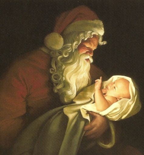 Santa And Baby Jesus, Kneeling Santa, Fantasy Wallpapers, Santa Paintings, Thanksgiving Wallpaper, Happy Birthday Jesus, Kris Kringle, True Meaning Of Christmas, Holding Baby