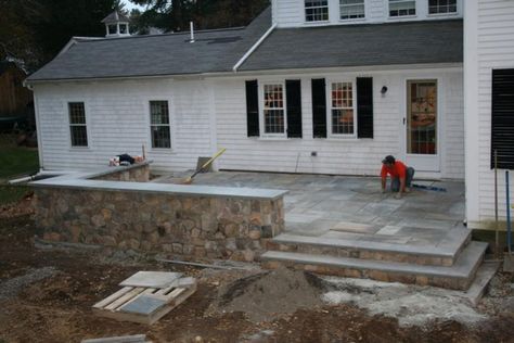 Sloped Paver Patio, Pavers Pattern, Elevated Patio, Yard Upgrades, Tudor Interior, Stone Patio Designs, Patio Stone, Patio Stairs, Cement Patio