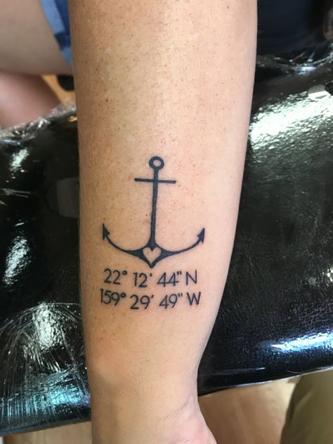 My gorgeous anchor tattoo with coordinates! Anchor Coordinates Tattoo, Coordinate Tattoo Ideas, Tattoo Ideas Ankle, Location Tattoo, Tattoo Pieces, Anchor Quotes, Tattoo Nails, Graphic Design Tattoos, Coordinates Tattoo