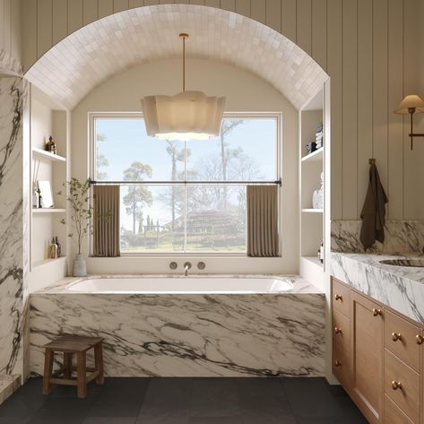 Renderings are an important part of the design process mostly because they give us something to look forward to during the long… | Instagram Bathtub Shower Room, Arched Tub Alcove, Arched Bathtub Alcove, Arch Bathtub, Window Over Tub, Tub In Shower Area, Bath Under Window, Window In Bathroom, Bathroom Rendering