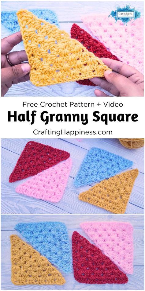 Learn how to crochet a half granny square using my free written pattern and video tutorial on Crafting Happiness. Half Granny Square, Granny Square Pattern Free, Joining Granny Squares, Granny Square Tutorial, Granny Square Projects, Granny Square Crochet Patterns Free, Loom Knitting Projects, Crochet Bedspread Pattern, Crochet Quilt