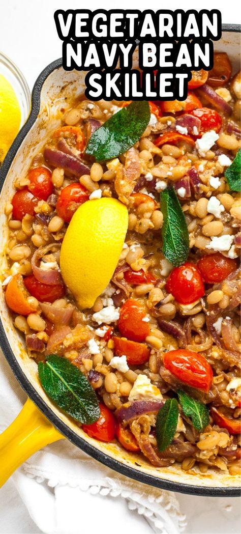 This easy and healthy vegetarian navy bean (haricot bean) recipe is so versatile and tasty, you won't believe how delicious a pan of white beans can taste! With caramelized onions, feta cheese and cherry tomatoes bringing amazing flavor. It comes together quickly and easily and you will love the range of high protein meatless meals that you can create with it. High Protein Meatless Meals, High Protein Meatless, Navy Bean Recipes, Meatless Meals Healthy, White Bean Recipes, Caramelized Onions Recipe, Navy Beans, Bean Recipe, Navy Bean