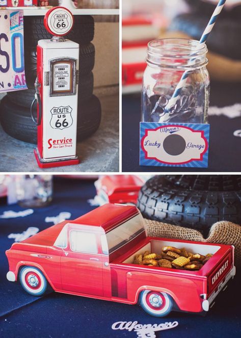 Mechanics Birthday Party, Mechanics Birthday, Vintage Car Birthday, Vintage Car Party, Classic Cars Birthday Party, Truck Theme Birthday, Vintage Birthday Parties, Vintage Garage, Car Themed Parties