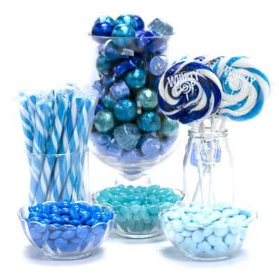 Treats Table Ideas, Blue Party Treats, Party Treats Table, Blue Candy Buffet, Treats Table, Buffet Ideas, Personalized Candy, Blue Candy, Bulk Candy