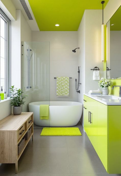 Green Bathroom Decor Lime Green Bathroom, Green Bathroom Decor Ideas, Bright Green Bathroom, Lime Green Bathrooms, Light Green Bathrooms, Green Bathroom Decor, Fern Forest, Adventurous Design, Sophisticated Bathroom