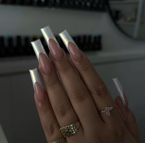 Long Square Chrome Nails, Long Square Acrylic Nails French Tip, Chrome Prom Nails, Chrome Square Acrylic Nails, Metallic French Nails, Nails Inspo Chrome, 2000s Pfps, Chrome Square Nails, Chrome Nails Square