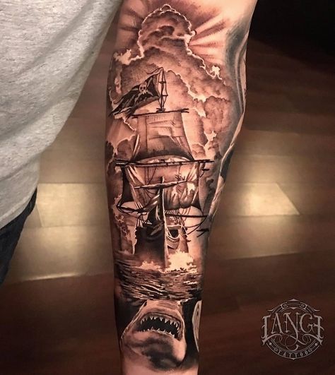 Tattoos Realism, Compass And Map Tattoo, Pirate Ship Tattoo, Map Tattoo, Pirate Tattoo, Tattoos Arm, Men Tattoos Arm Sleeve, Map Tattoos, Men Tattoos